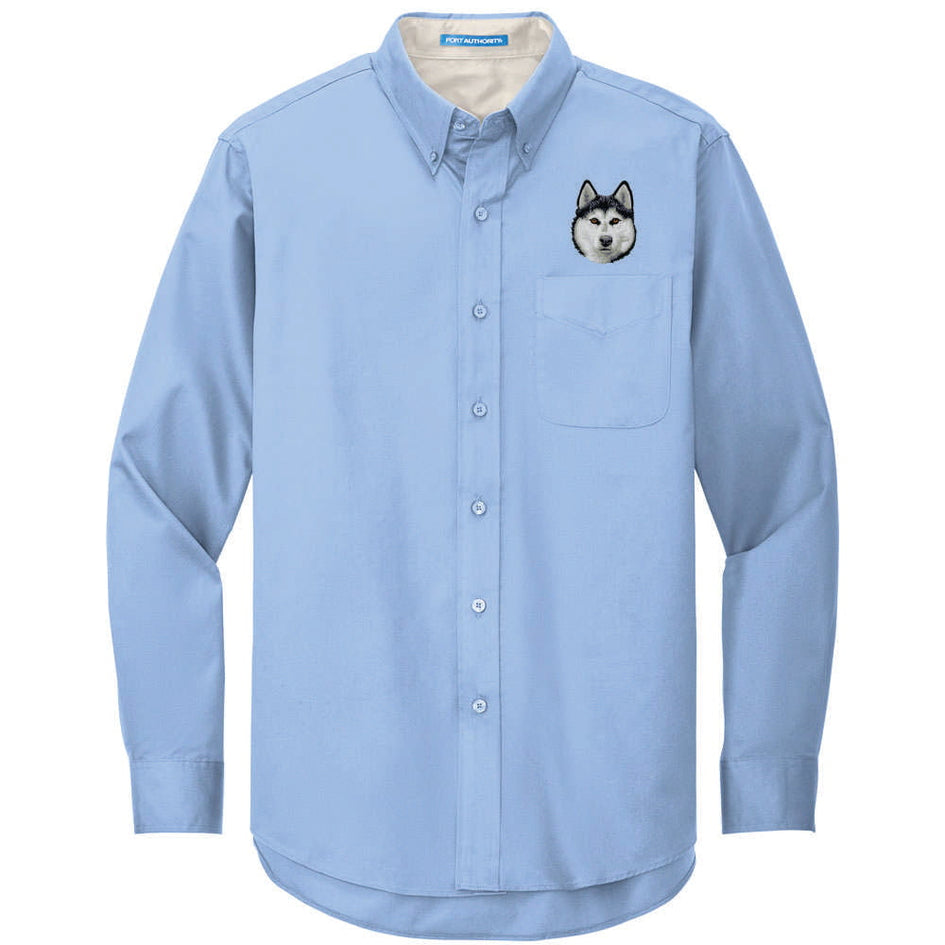 Siberian Husky Embroidered Long Sleeve Button Up Shirt