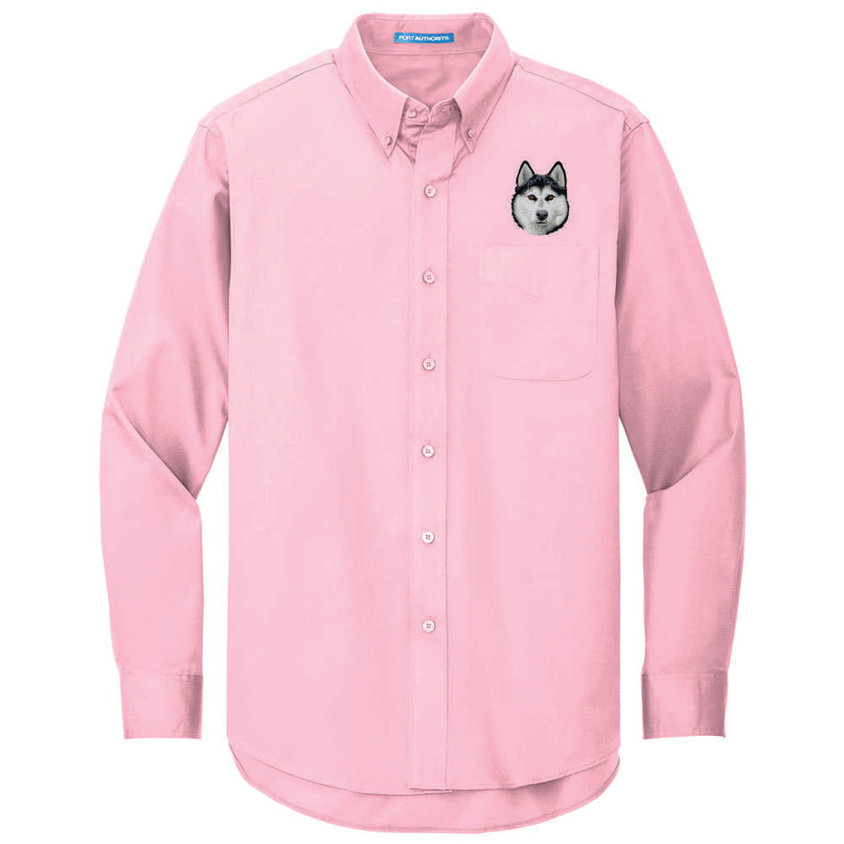 Siberian Husky Embroidered Long Sleeve Button Up Shirt