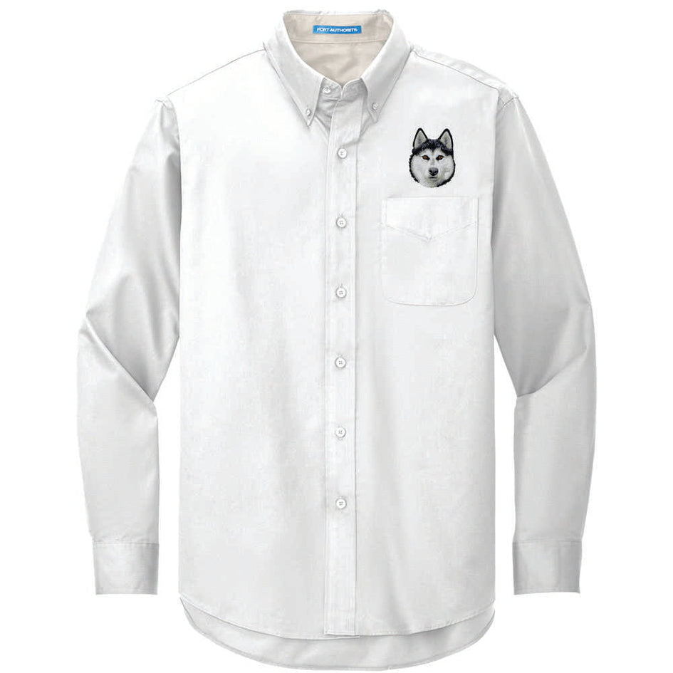 Siberian Husky Embroidered Long Sleeve Button Up Shirt