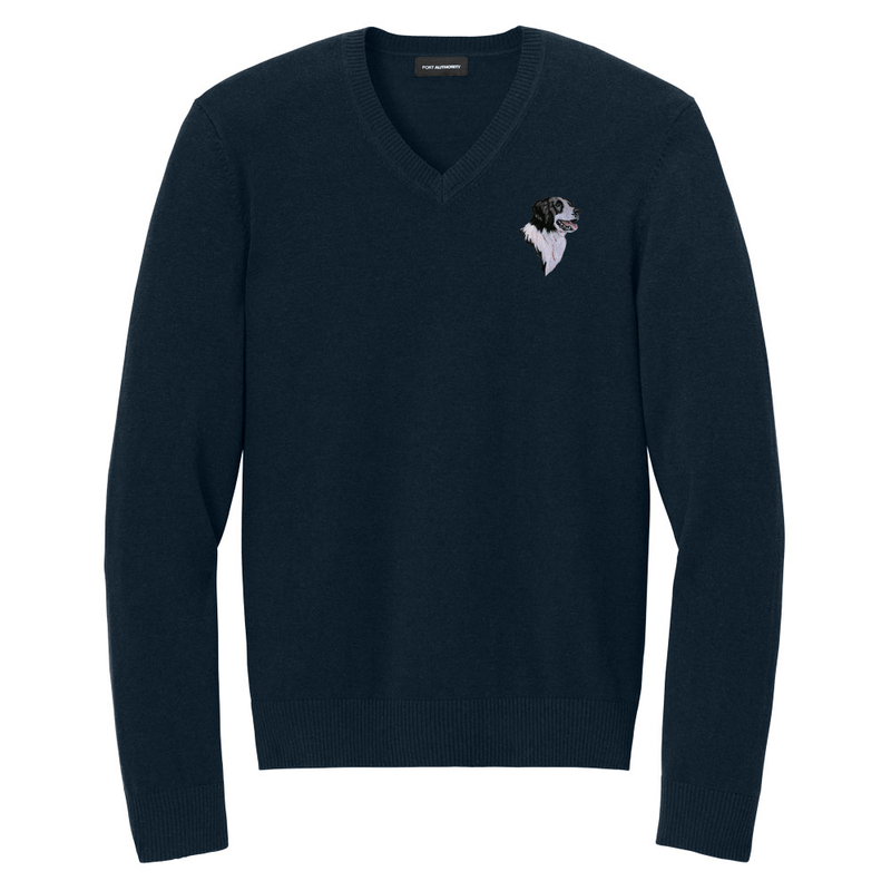 Border Collie Embroidered V-Neck Sweater