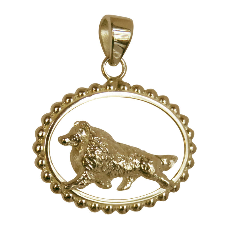 Shetland Sheepdog in 14K Gold Beaded Oval Pendant