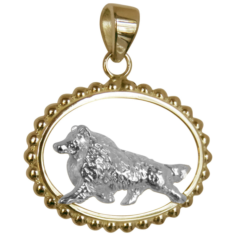 Shetland Sheepdog Sheltie in 14K Gold with Sterling Silver Beaded Oval Pendant