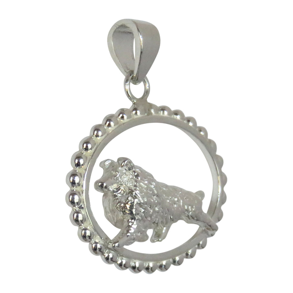 Shetland Sheepdog in Sterling Silver Beaded Oval Pendant