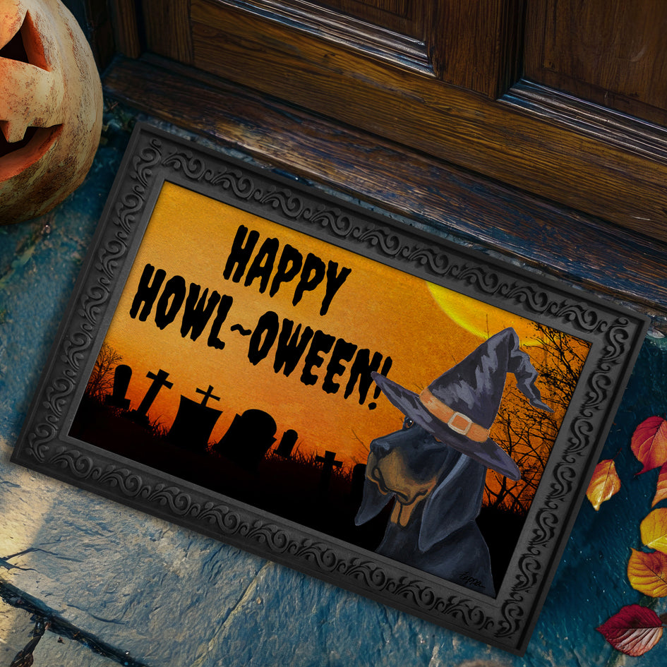 Black and Tan Coonhound HAPPY HOWL-OWEEN Welcome Mat