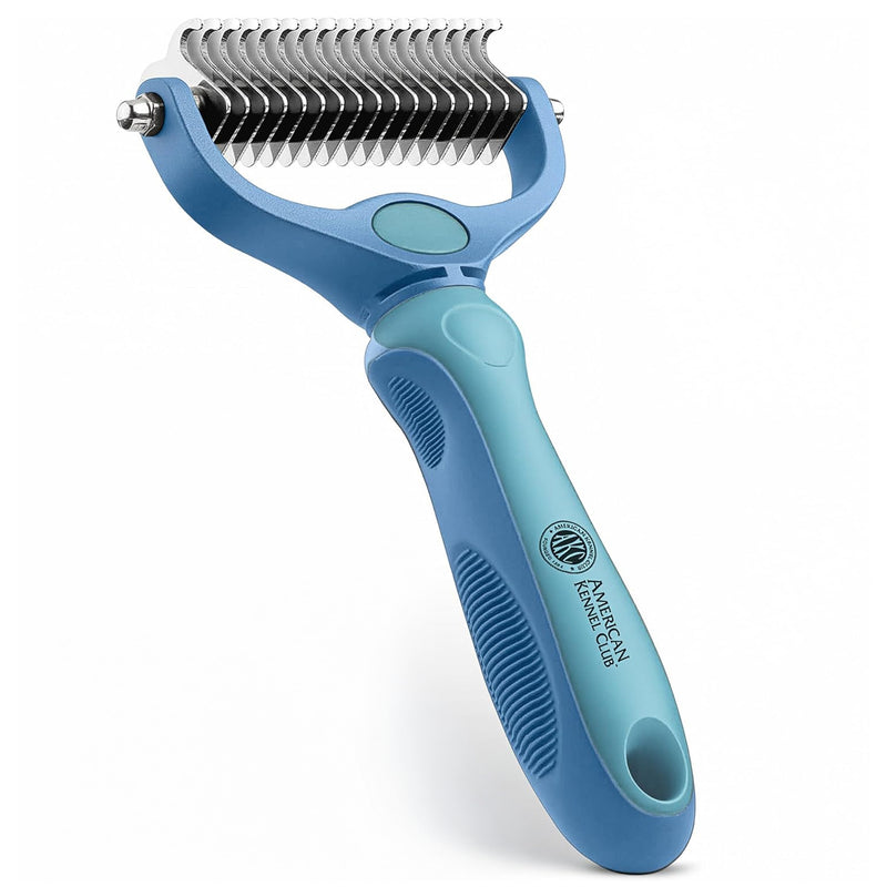 AKC-Dog & Cat Detangle Rake Style Brush | Durable & Effective | Anti- Slip & Easy Maintenance | Portable & Easy to Use | Stainless Steel Blades & Safety Guard | Detangling and Dematting Comb for Pets