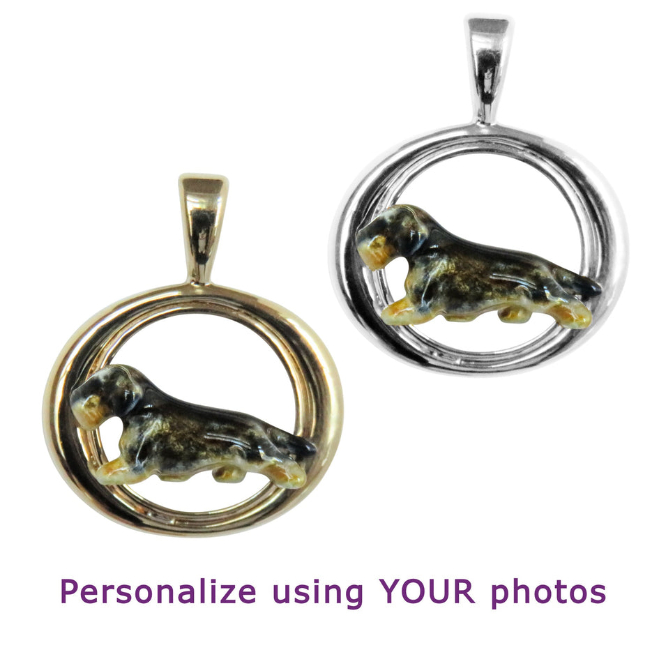 Custom Enamel Wirehaired Dachshund in 14K Gold Tapered Oval Pendant