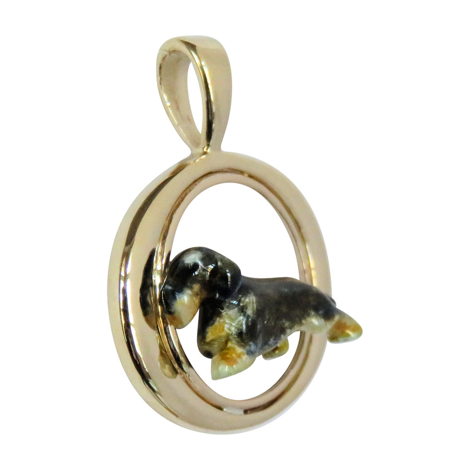 Custom Enamel Wirehaired Dachshund in 14K Gold Tapered Oval Pendant