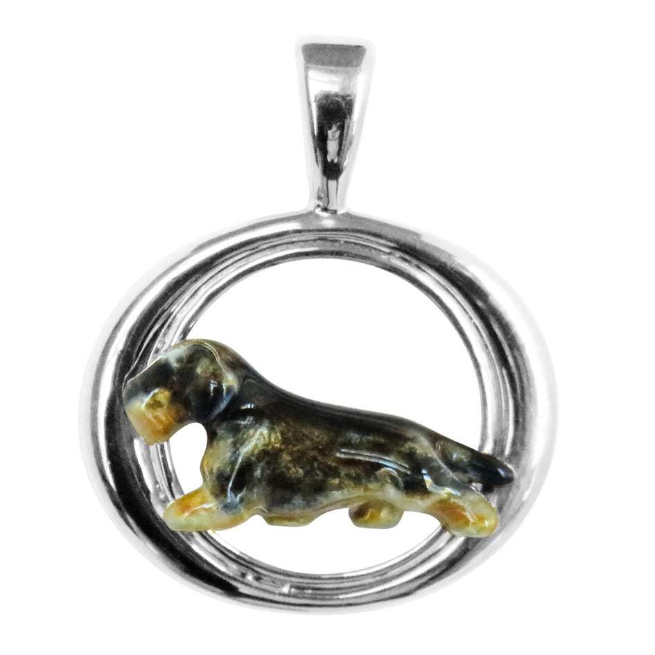 Custom Enamel Wirehaired Dachshund in Sterling Silver Tapered Oval Pendant