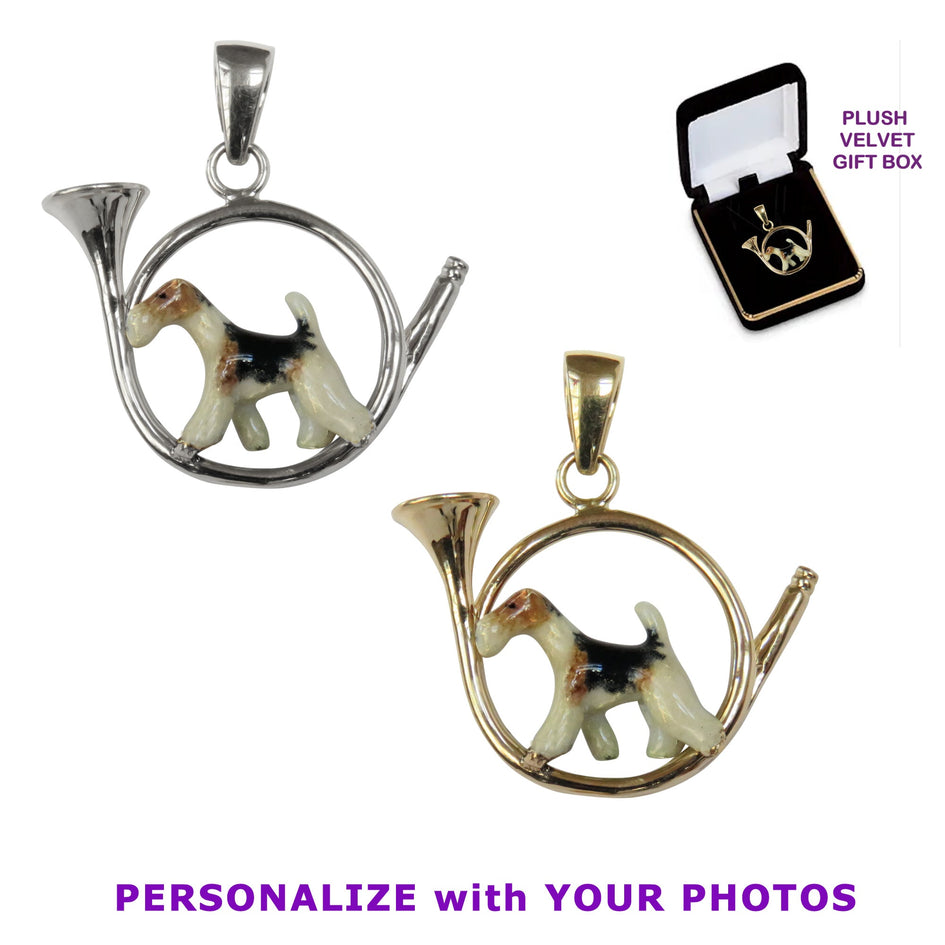 Custom Enamel Wire Fox Terrier in 14K Gold Hunting Horn Pendant