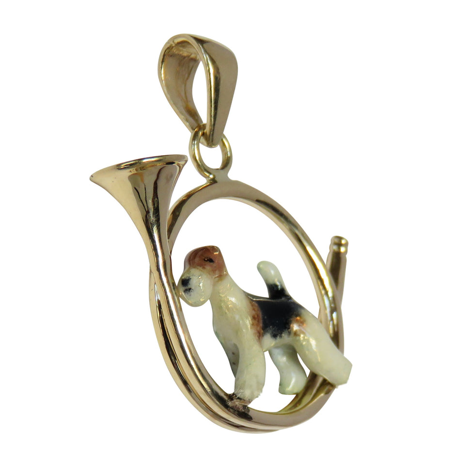 Custom Enamel Wire Fox Terrier in 14K Gold Hunting Horn Pendant