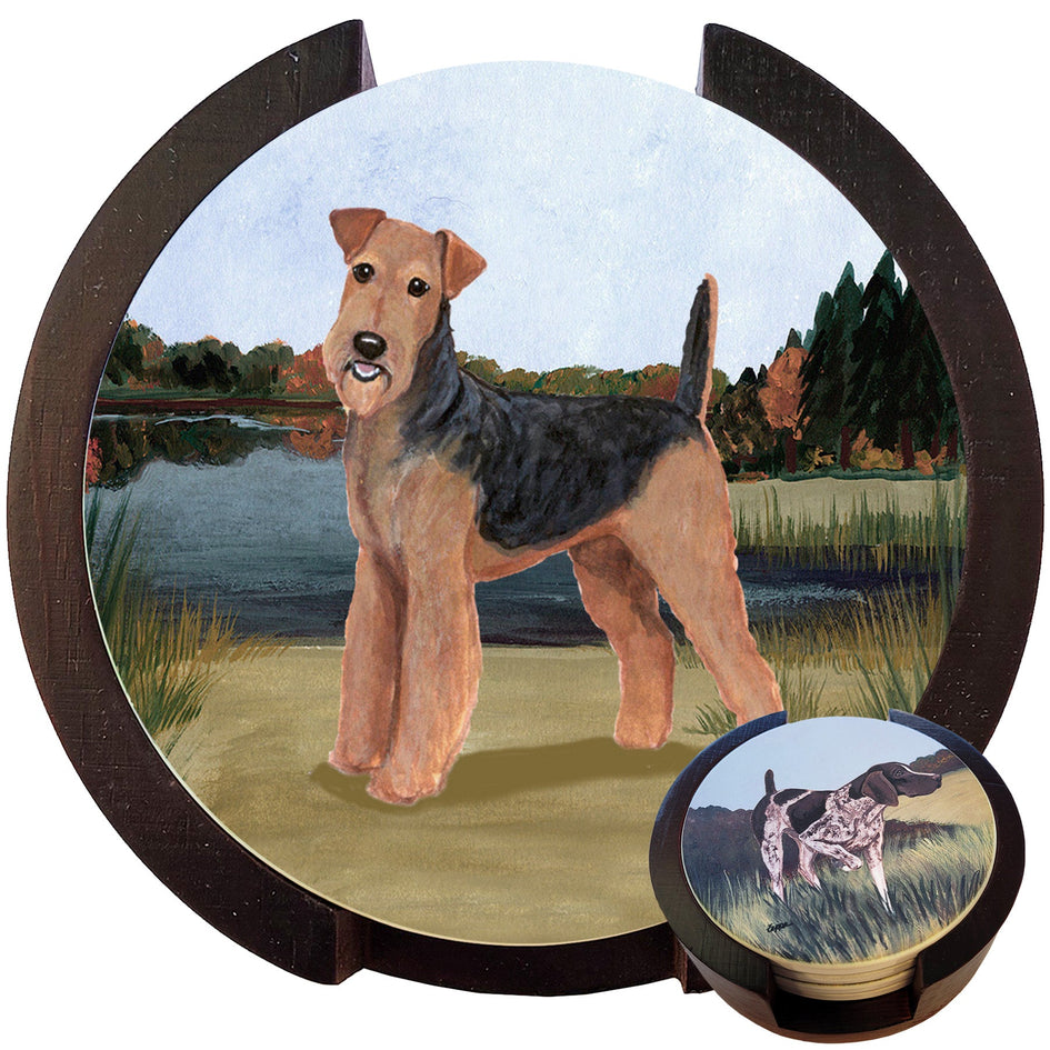 Airedale Terrier Scenic Bisque Coaster Set