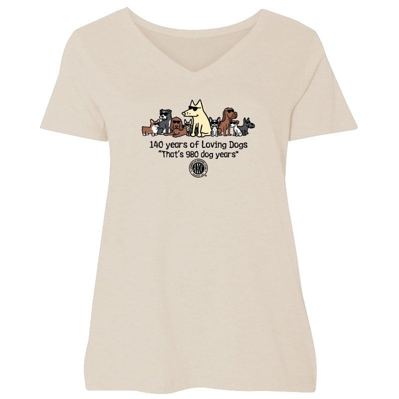 140 Years of Loving Dogs - Ladies Curvy V-Neck Tee | AKC Shop