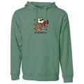 A sage green pullover hoodie featuring a cartoon graphic of a cat wearing sunglasses and holding a red mug, surrounded by autumn leaves, with the text 'all booked up' printed below.