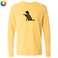 A pale yellow long-sleeve t-shirt with a black graphic of a sitting dog and the text 'all dogs are good dogs' on the chest, shown against a plain white background.