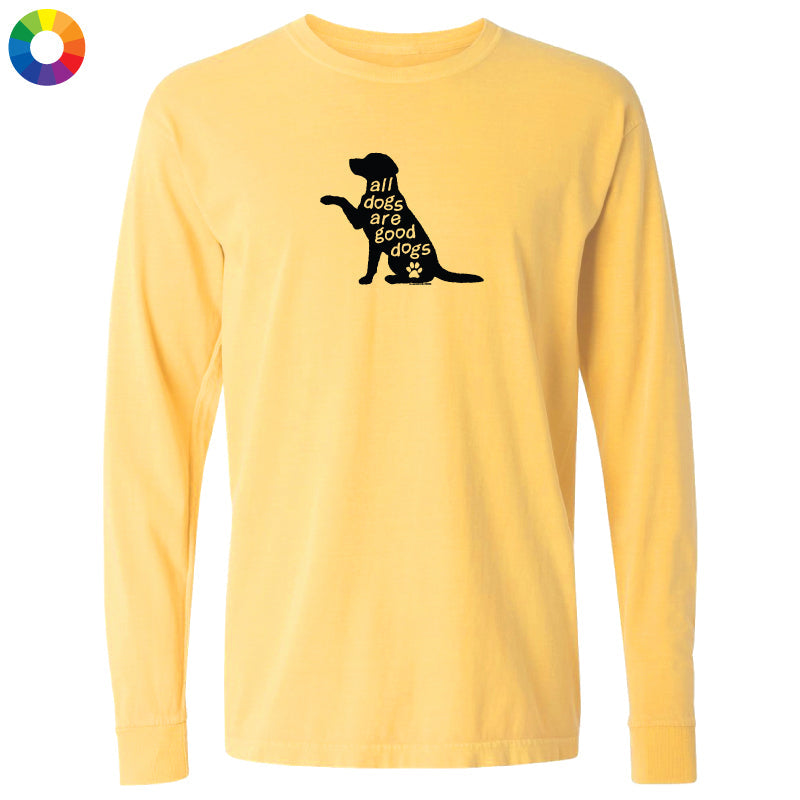 A pale yellow long-sleeve t-shirt with a black graphic of a sitting dog and the text 'all dogs are good dogs' on the chest, shown against a plain white background.