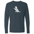 A dark slate blue long-sleeve t-shirt with a white graphic of a sitting dog and the text 'all dogs are good dogs' on the chest, displayed on a solid white background.
