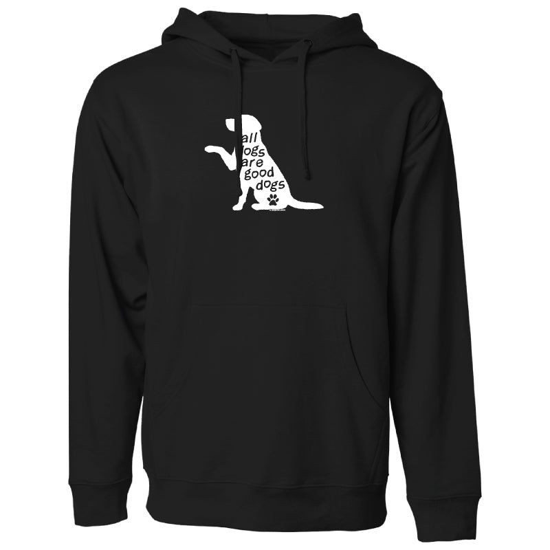 A black pullover hoodie with a white graphic of a dog silhouette on the chest containing the text 'all dogs are good dogs' and a small paw print.
