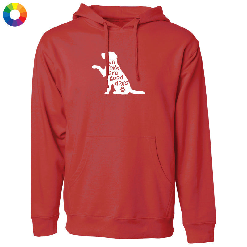 A red pullover hoodie with a white graphic of a dog silhouette and the text 'all dogs are good dogs' on the chest, shown on a plain white background. A small multicolor color wheel icon is in the top-left corner.