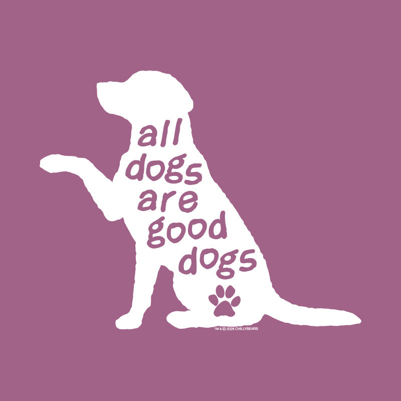 A white silhouette of a sitting dog with one paw raised, filled with the phrase 'all dogs are good dogs' in purple lettering, on a solid purple background. A small paw print and tiny copyright text appear near the bottom.