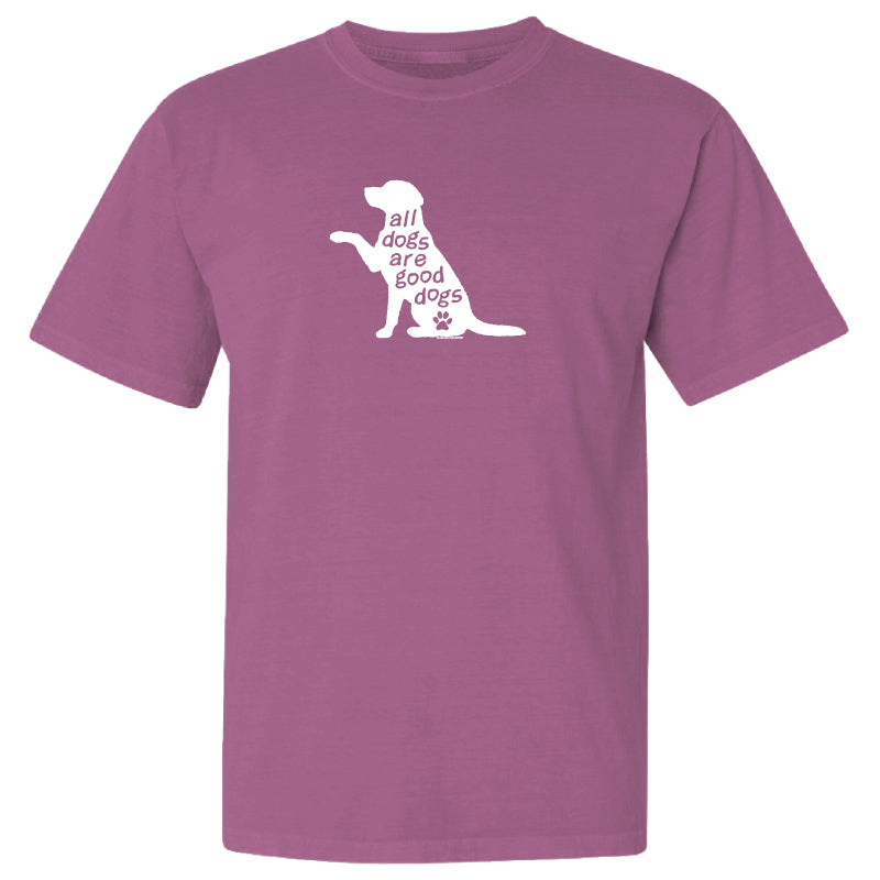 A heathered purple short-sleeve t-shirt with a white graphic of a dog silhouette containing the text 'all dogs are good dogs' and a small paw print, shown on a plain white background.