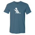 A slate blue crewneck t-shirt featuring a white graphic of a dog silhouette filled with the text 'all dogs are good dogs' and a small paw print.
