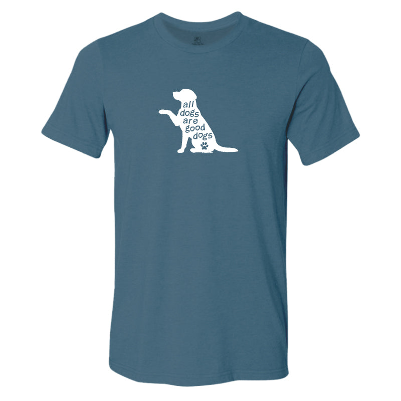 A slate blue crewneck t-shirt featuring a white graphic of a dog silhouette filled with the text 'all dogs are good dogs' and a small paw print.