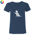 A navy blue women's V-neck t-shirt with a white graphic of a dog silhouette and the text 'all dogs are good dogs' on the chest, shown against a plain white background.
