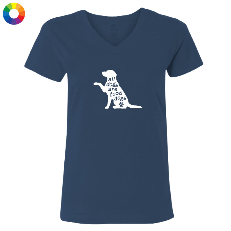 A navy blue women's V-neck t-shirt with a white graphic of a dog silhouette and the text 'all dogs are good dogs' on the chest, shown against a plain white background.