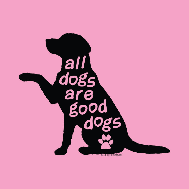 A pink square graphic featuring a black dog silhouette with the phrase 'all dogs are good dogs' in pink lettering and a pink paw print near the bottom. Small text at the lower right reads '© 2023 DOGS LOVE US'.