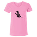 A pink short-sleeve V-neck t-shirt with a black silhouette of a sitting dog and the text 'all dogs are good dogs' printed on the chest, shown against a plain white background.
