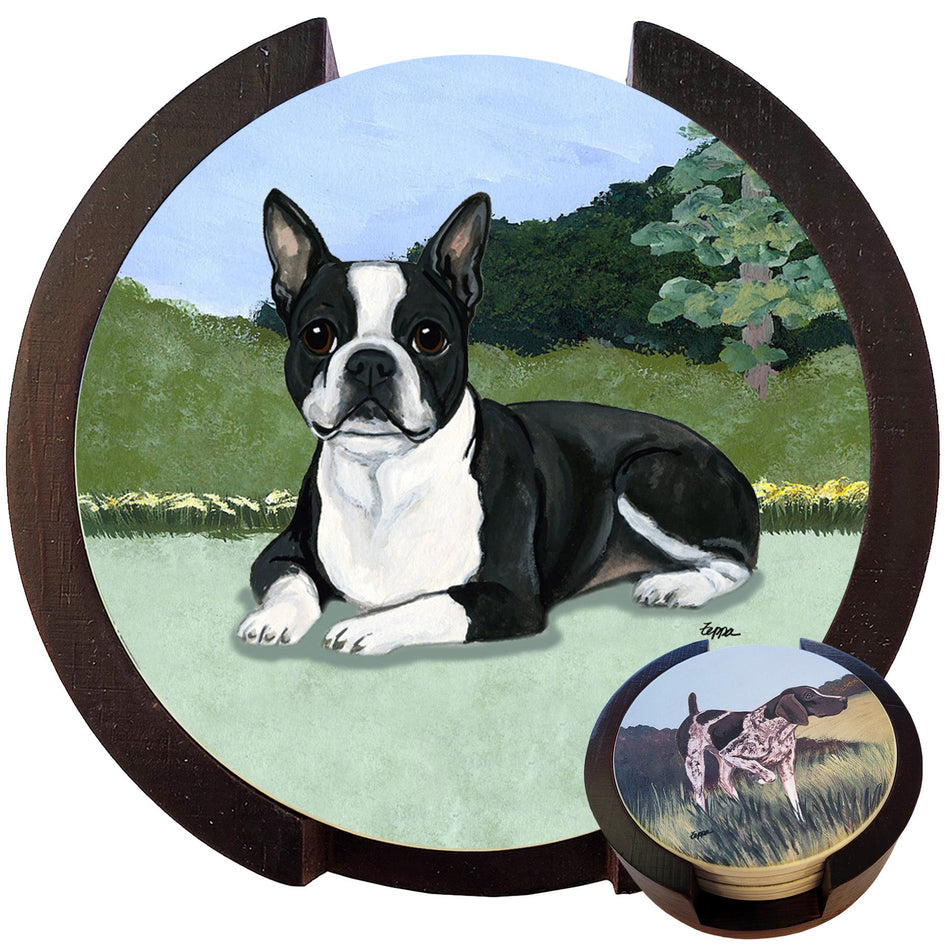 Boston Terrier Scenic Bisque Coaster Set