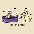 A cartoon-style graphic on a beige background showing a white skeleton sitting in a purple coffin holding a mug, and a cream-colored dog wearing sunglasses holding a matching mug with a paw print. Small black bats float around, and the text 'coffin break' appears below.