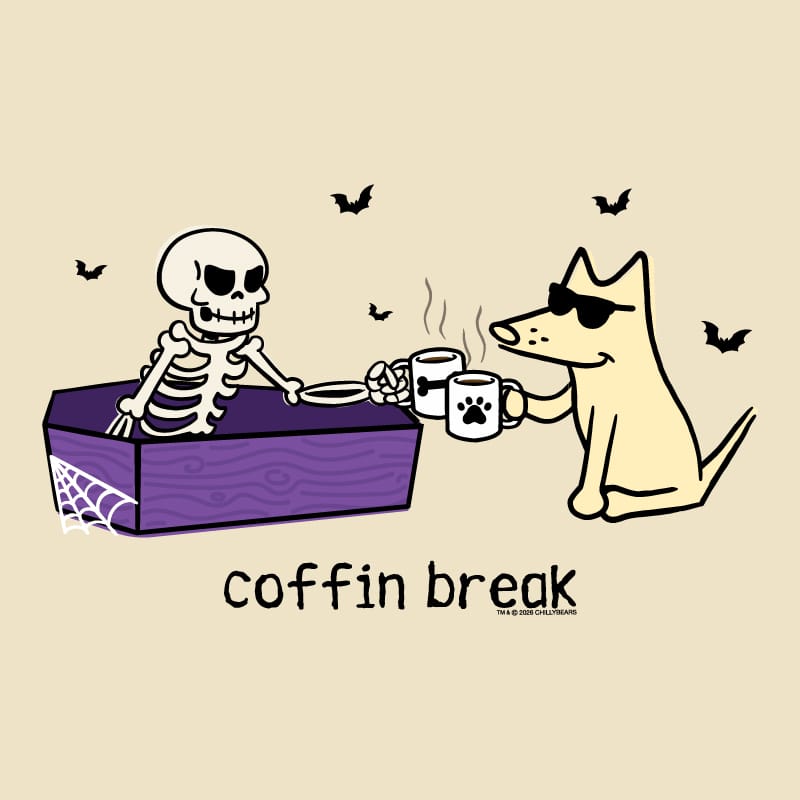 A cartoon-style graphic on a beige background showing a white skeleton sitting in a purple coffin holding a mug, and a cream-colored dog wearing sunglasses holding a matching mug with a paw print. Small black bats float around, and the text 'coffin break' appears below.