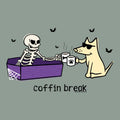 A cartoon-style graphic on a sage background showing a white skeleton sitting in a purple coffin holding a mug, and a cream-colored dog wearing sunglasses holding a matching mug with a paw print. Small black bats float around, and the text 'coffin break' appears below.