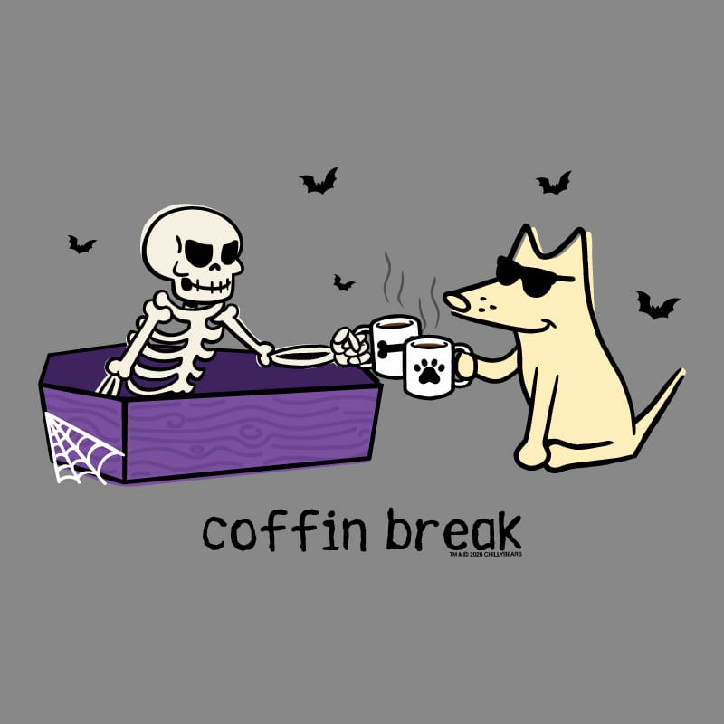 A grey graphic print featuring a cartoon skeleton sitting in a purple coffin and a yellow dog wearing sunglasses, both holding mugs with paw-print designs. The text 'coffin break' is written below the illustration.