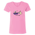 A pink women's V-neck t-shirt featuring a cartoon graphic of a skeleton in a coffin and a dog drinking from a cup, with the text 'coffin break' printed below.