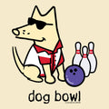 A cartoon dog wearing black sunglasses and a red-and-white striped shirt sits next to bowling pins and a purple bowling ball on a beige background, with the text 'dog bowl' below.