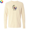 A cream-colored long-sleeve t-shirt with a cartoon graphic of a dog bowling, shown on a plain white background. The shirt features a small graphic of a cartoon dog wearing sunglasses and a red shirt, bowling with pins and a ball, with the text 'dog bowl' underneath.
