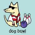 A cartoon dog wearing black sunglasses and a red-and-white bowling shirt sits beside bowling pins and a purple bowling ball on a light blue background, with the text 'dog bowl!' below.