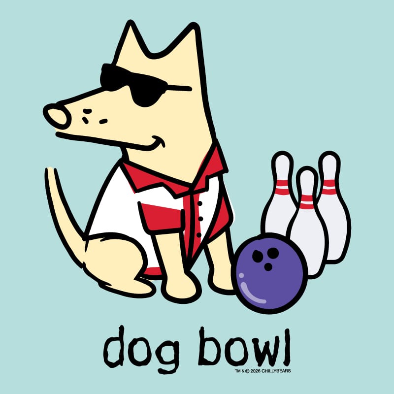 A cartoon dog wearing black sunglasses and a red-and-white bowling shirt sits beside bowling pins and a purple bowling ball on a light blue background, with the text 'dog bowl!' below.
