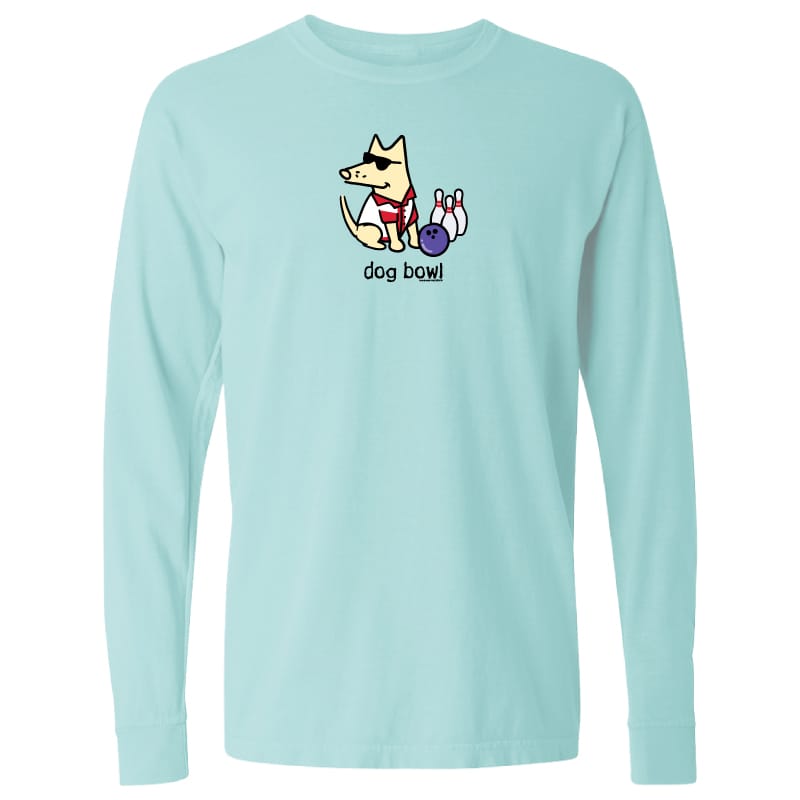 A light aqua long-sleeve t-shirt with a cartoon graphic of a dog bowling, featuring the text 'dog bowl' underneath, displayed on a solid white background.
