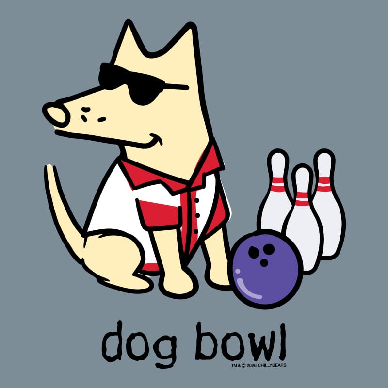 A cartoon dog wearing black sunglasses and a red-and-white bowling shirt sits beside bowling pins and a purple bowling ball on a muted blue-gray background, with the text 'dog bowl!' below.