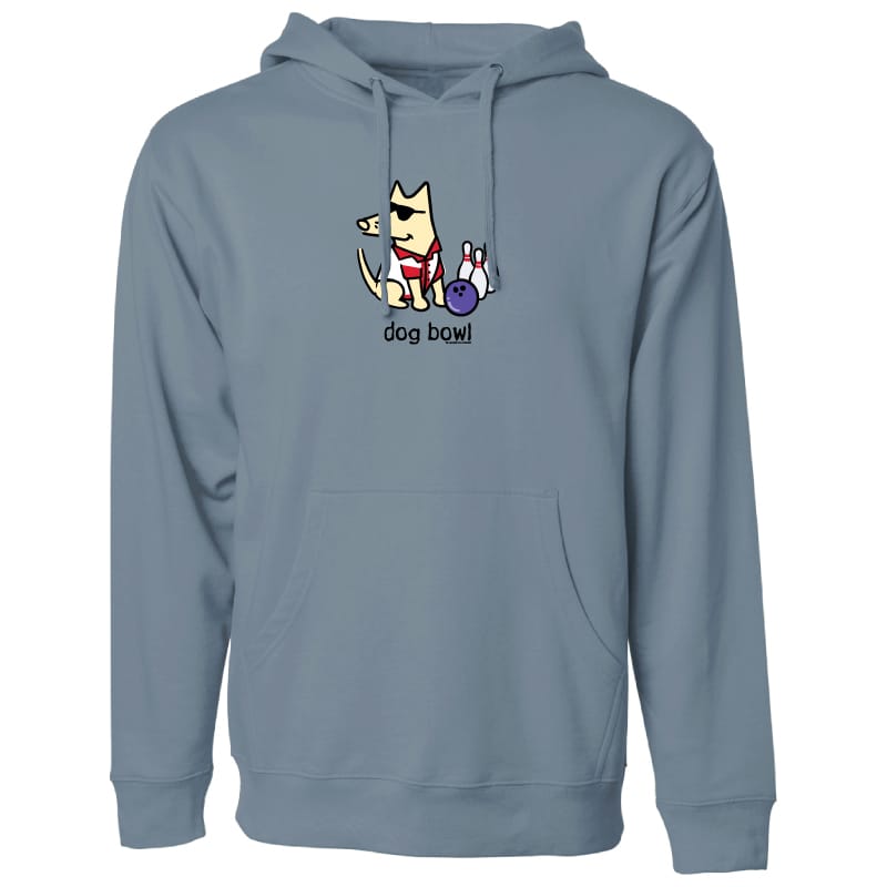A dusty blue-gray pullover hoodie with a cartoon graphic of a dog bowling, featuring the text 'dog bowl' underneath. The hoodie is shown against a plain white background.