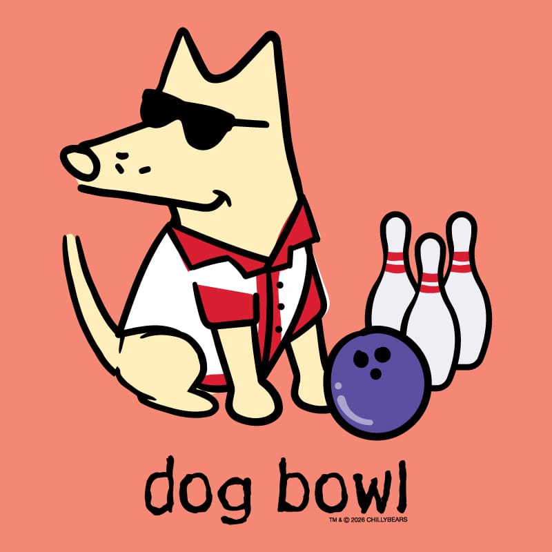 A stylized cartoon dog wearing black sunglasses and a red-and-white shirt sits beside bowling pins and a purple bowling ball on a coral background, with the text 'dog bowl!' below.