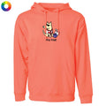 A coral orange pullover hoodie with a cartoon dog wearing sunglasses and a bow tie, sitting next to bowling pins and a bowling ball, with the text 'dog bowl' printed below. A small multicolor color wheel icon is in the top-left corner.