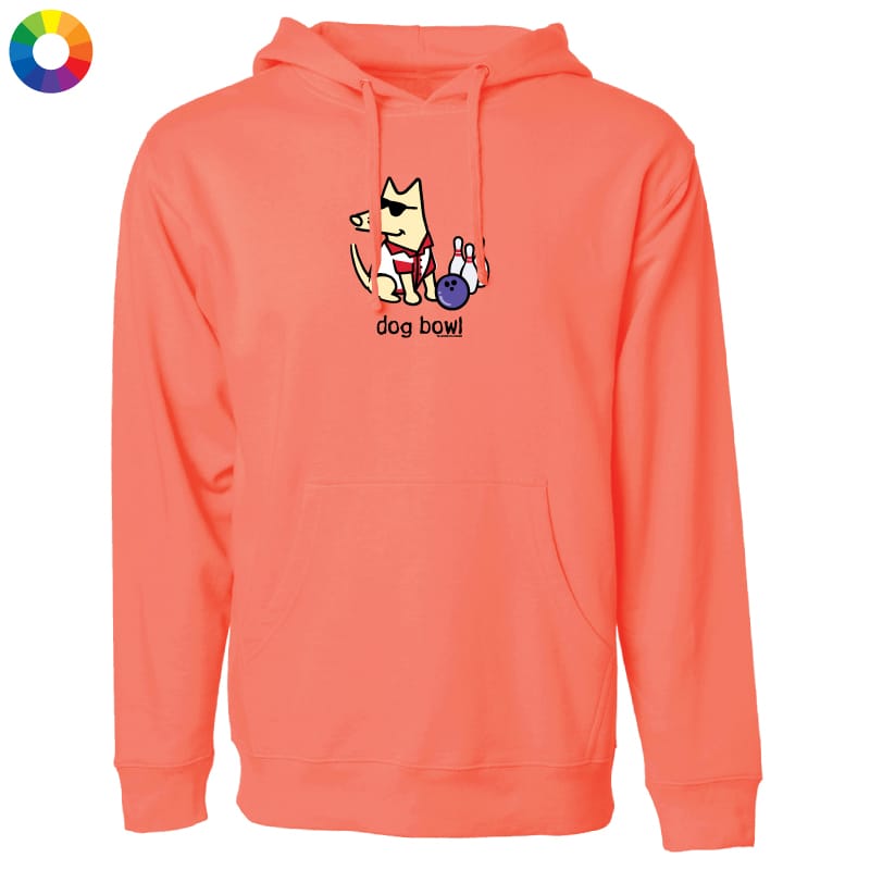 A coral orange pullover hoodie with a cartoon dog wearing sunglasses and a bow tie, sitting next to bowling pins and a bowling ball, with the text 'dog bowl' printed below. A small multicolor color wheel icon is in the top-left corner.