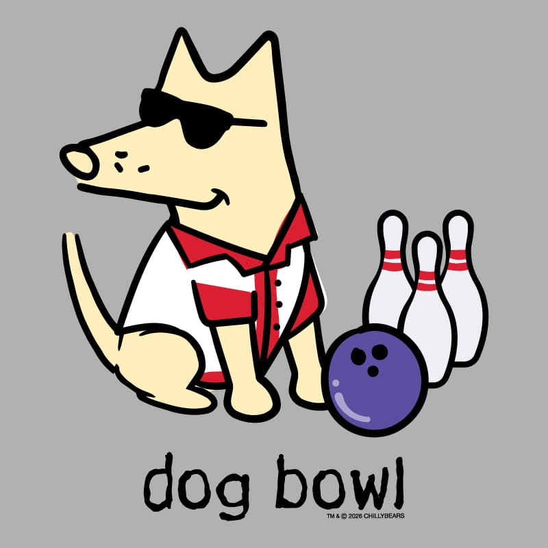 A cartoon dog wearing black sunglasses and a red-and-white bowling shirt sits beside a purple bowling ball and white bowling pins on a gray background, with the text 'dog bowl!' below.