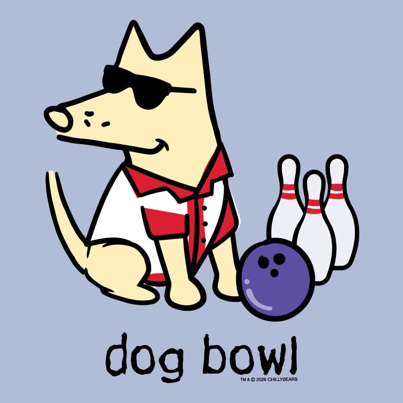 A cartoon dog wearing black sunglasses and a red-and-white bowling shirt, sitting beside a purple bowling ball and white bowling pins on a light blue background, with the text 'dog bowl' below.