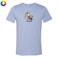 A light blue heather crewneck t-shirt featuring a cartoon graphic of a dog bowling with the text 'dog bowl!' printed on the chest, displayed on a solid white background.
