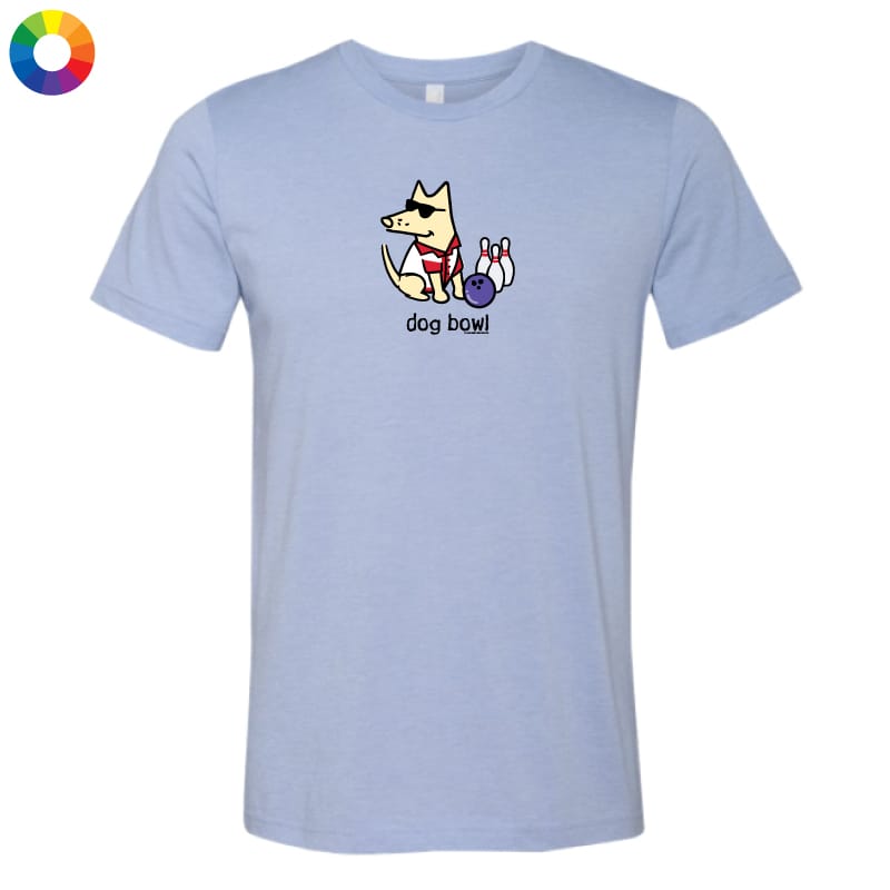 A light blue heather crewneck t-shirt featuring a cartoon graphic of a dog bowling with the text 'dog bowl!' printed on the chest, displayed on a solid white background.